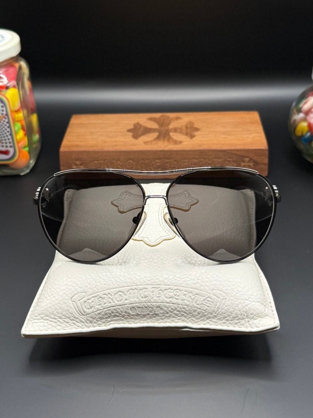 Chrome Hearts JISM Aviator Sunglasses Black Leather Braided Silver Cross Japan